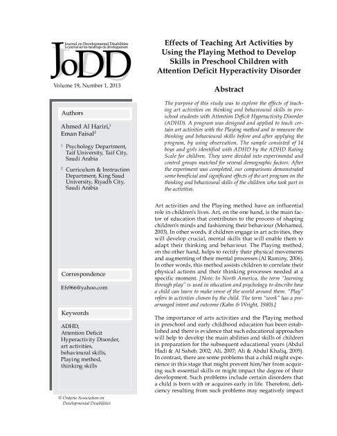 Effects of Teaching Art Activities by Using the Playing Method to Develop Skills in Preschool Children with Attention Deficit Hyperactivity Disorder