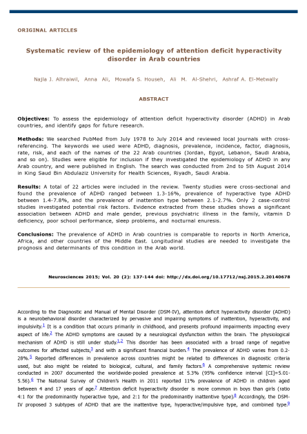 Systematic review of the epidemiology of attention deficit hyperactivity disorder in Arab countries