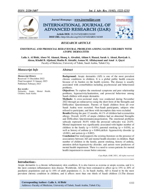 Emotional and Prosocial Behavioural Problems Among Saudi Children with Atopic Dermatitis