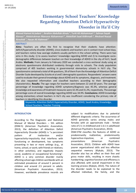 Elementary School Teachers’ Knowledge Regarding Attention Deficit Hyperactivity Disorder in Ha’il City