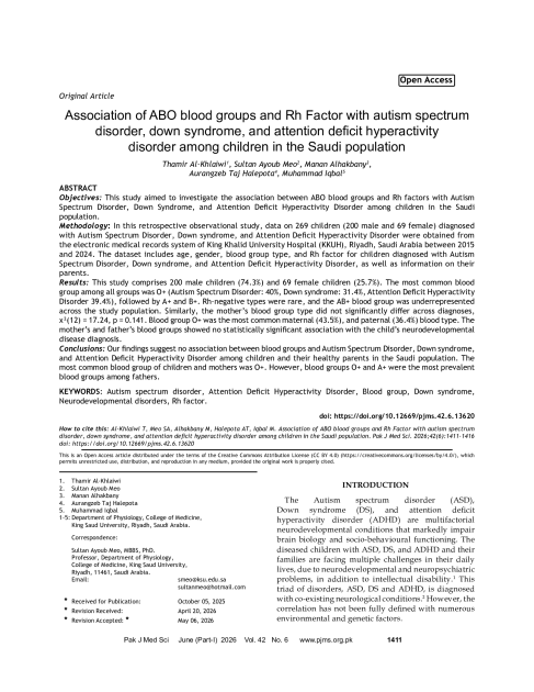 Association of ABO blood groups and Rh Factor with autism spectrum disorder, down syndrome, and attention deficit hyperactivity disorder among children in the Saudi population