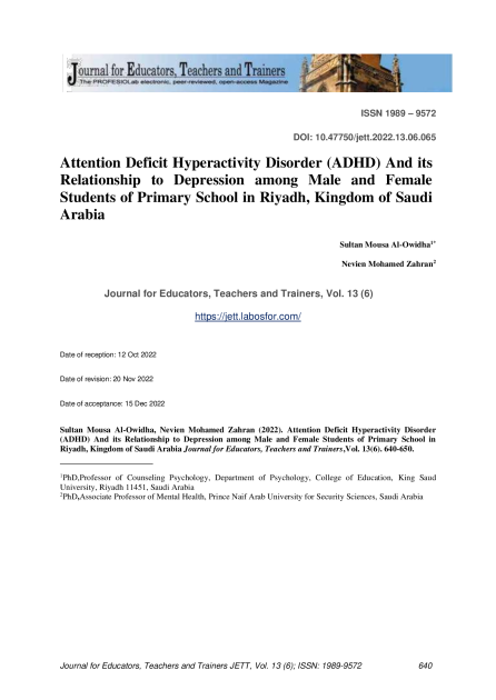 Attention Deficit Hyperactivity Disorder (ADHD) And its Relationship to Depression among Male and Female Students of Primary School in Riyadh, Kingdom of Saudi Arabia