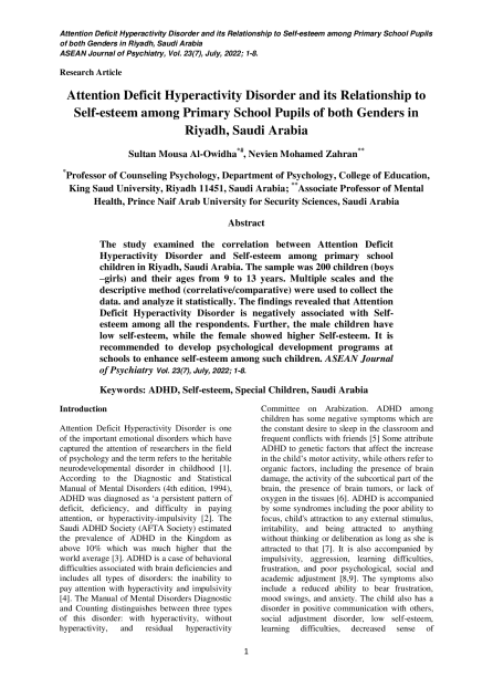 Attention Deficit Hyperactivity Disorder and its Relationship to Self-esteem among Primary School Pupils of both Genders in Riyadh, Saudi Arabia