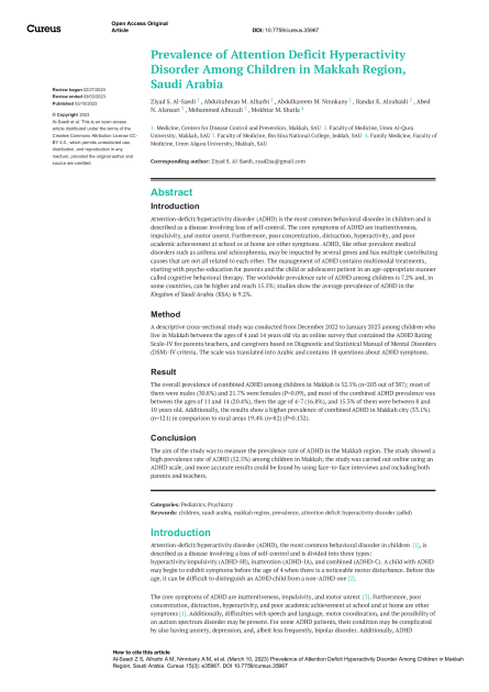 Prevalence of Attention Deficit Hyperactivity Disorder Among Children in Makkah Region, Saudi Arabia