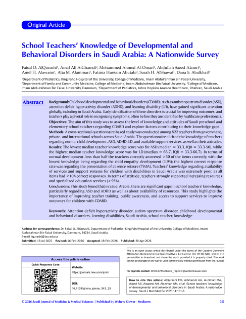 School Teachers’ Knowledge of Developmental and Behavioral Disorders in Saudi Arabia: A Nationwide Survey
