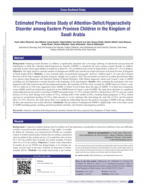 Estimated Prevalence Study of Attention-Deficit/Hyperactivity Disorder among Eastern Province Children in the Kingdom of Saudi Arabia