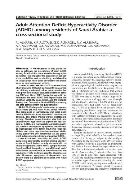 Adult Attention Deficit Hyperactivity Disorder (ADHD) among residents of Saudi Arabia: a cross-sectional study