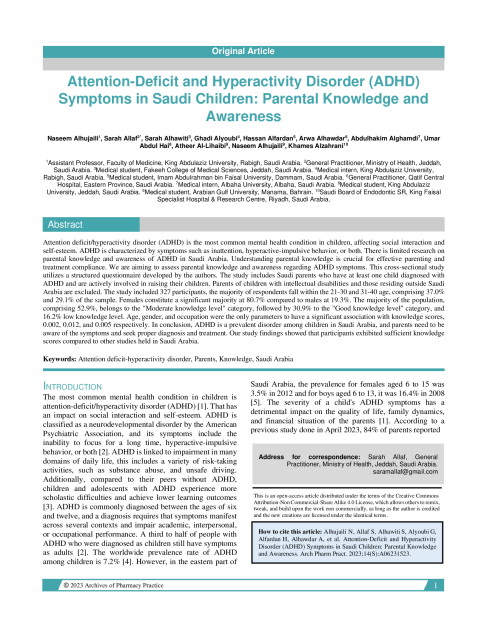 Attention-Deficit and Hyperactivity Disorder (ADHD) Symptoms in Saudi Children: Parental Knowledge and Awareness - Archives of Pharmacy Practice