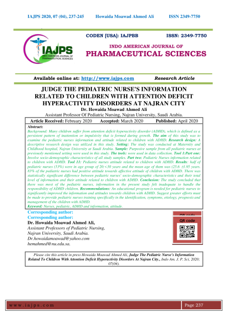 Judge the Pediatric Nurse's Information Related to Children with Attention Deficit Hyperactivity Disorders at Najran City