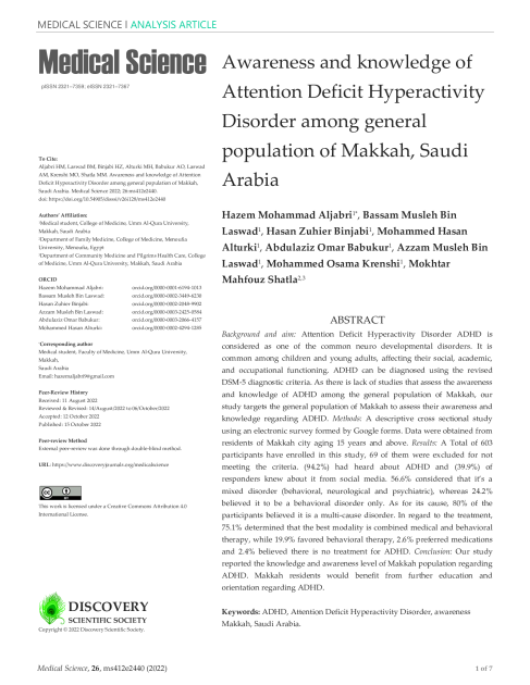 Awareness and knowledge of Attention Deficit Hyperactivity Disorder among general population of Makkah, Saudi Arabia