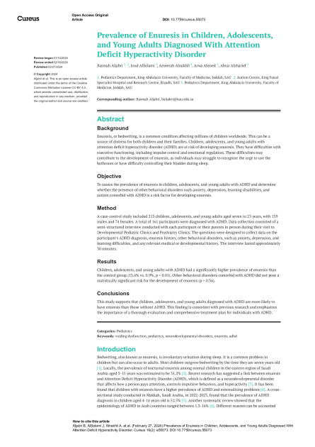 Prevalence of Enuresis in Children, Adolescents, and Young Adults Diagnosed With Attention Deficit Hyperactivity Disorder