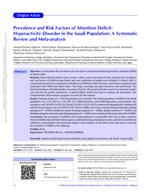 Prevalence and Risk Factors of Attention Deficit-Hyperactivity Disorder in the Saudi Population: A Systematic Review and Meta-analysis