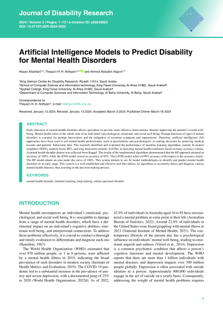 Artificial Intelligence Models to Predict Disability for Mental Health Disorders