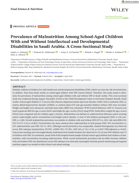 Prevalence of Malnutrition Among School‐Aged Children With and Without Intellectual and Developmental Disabilities in Saudi Arabia: A Cross‐Sectional Study