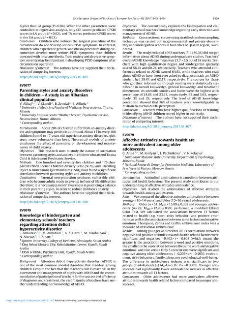 Knowledge of kindergarten and elementary schools’ teachers regarding attention deficit hyperactivity disorder (Conference Abstract)