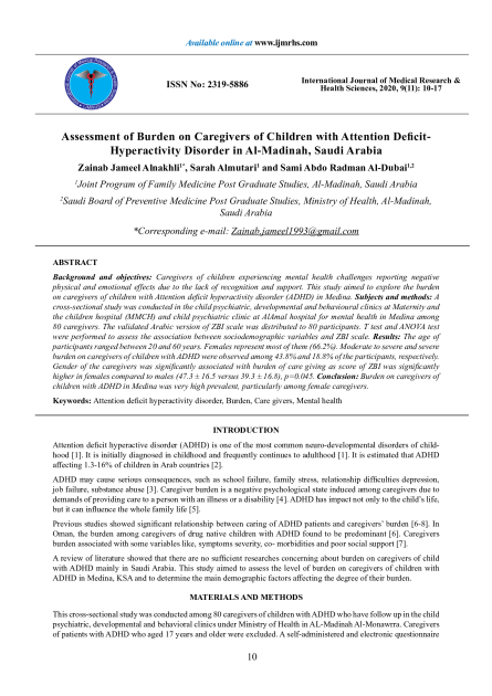 Assessment of Burden on Caregivers of Children with Attention Deficit-Hyperactivity Disorder in Al-Madinah, Saudi Arabia