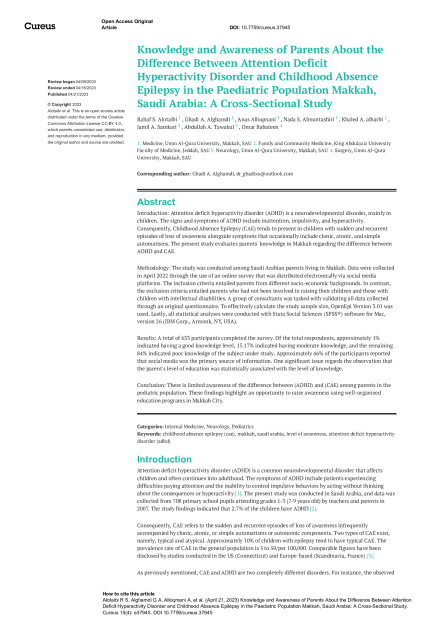 Knowledge and Awareness of Parents About the Difference Between Attention Deficit Hyperactivity Disorder and Childhood Absence Epilepsy in the Paediatric Population Makkah, Saudi Arabia: A Cross-Sectional Study