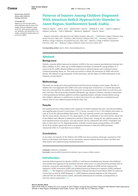 Patterns of Injuries Among Children Diagnosed With Attention Deficit Hyperactivity Disorder in Aseer Region, Southwestern Saudi Arabia