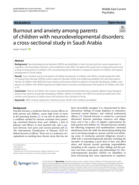 Burnout and anxiety among parents of children with neurodevelopmental disorders: a cross-sectional study in Saudi Arabia