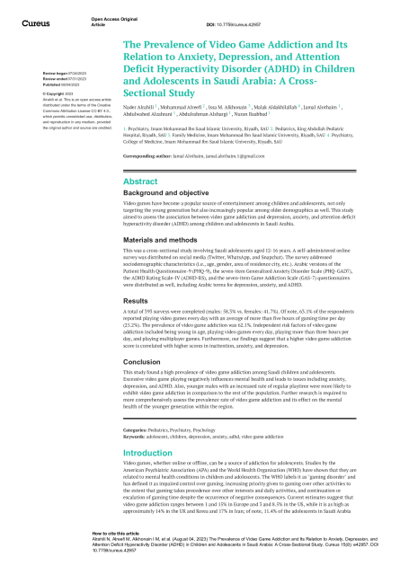 The Prevalence of Video Game Addiction and Its Relation to Anxiety, Depression, and Attention Deficit Hyperactivity Disorder (ADHD) in Children and Adolescents in Saudi Arabia: A Cross-Sectional Study