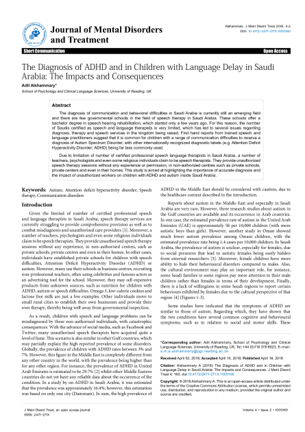 The Diagnosis of ADHD and [ASD] in Children with Language Delay in Saudi Arabia: The Impacts and Consequences