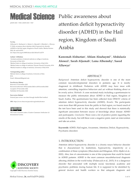 Public awareness about attention deficit hyperactivity disorder (ADHD) in the Hail region, Kingdom of Saudi Arabia