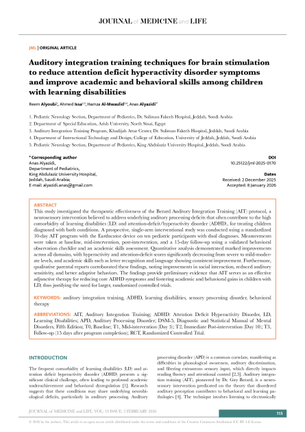 Auditory integration training techniques for brain stimulation to reduce attention deficit hyperactivity disorder symptoms and improve academic and behavioral skills among children with learning disabilities