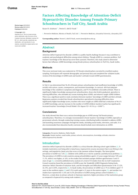 Factors Affecting Knowledge of Attention-Deficit Hyperactivity Disorder Among Female Primary Schoolteachers in Taif City, Saudi Arabia