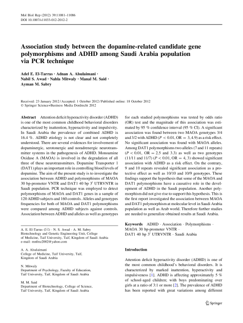 Association study between the dopamine-related candidate gene polymorphisms and ADHD among Saudi Arabia population via PCR technique