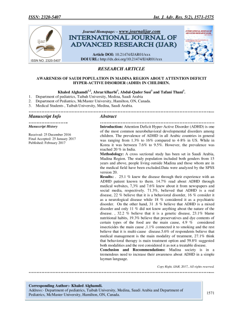 Awareness of Saudi Population in Madina Region About Attention Deficit Hyperactive Disorder (ADHD) in Children