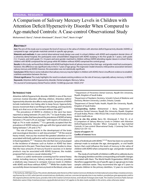 A Comparison of Salivary Mercury Levels in Children with Attention Deficit/Hyperactivity Disorder When Compared to Age-matched Controls: A Case-control Observational Study