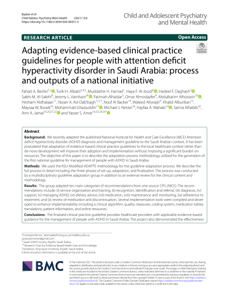 Adapting evidence-based clinical practice guidelines for people with attention deficit hyperactivity disorder in Saudi Arabia: process and outputs of a national initiative