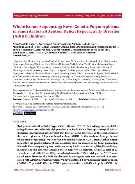 Whole Exome Sequencing: Novel Genetic Polymorphisms in Saudi Arabian Attention Deficit Hyperactivity Disorder (ADHD) Children