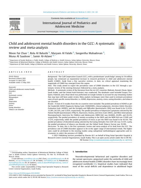 Child and adolescent mental health disorders in the GCC: A systematic review and meta-analysis