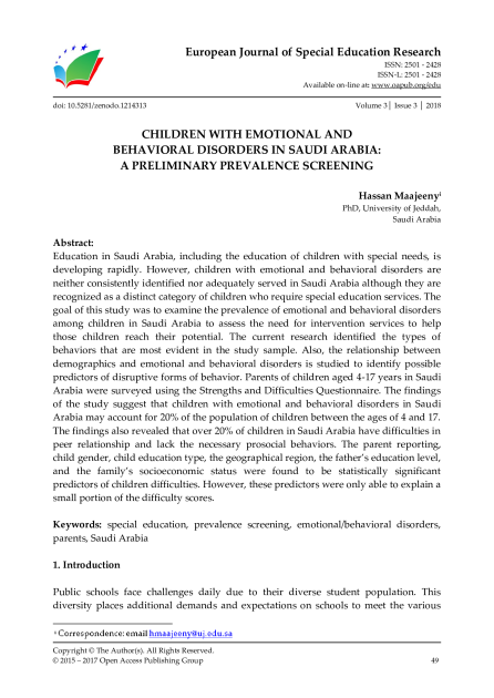 Children with Emotional and Behavioral Disorders in Saudi Arabia A Preliminary Prevalence Screening