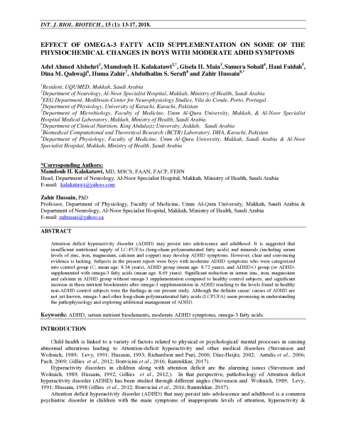 Effect of Omega-3 Fatty Acid Supplementation on Some of the Physiological Changes in Boys with Moderate ADHD Symptoms