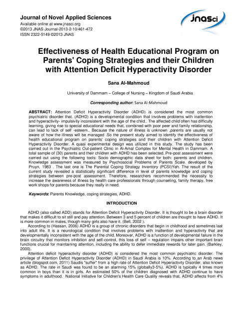 Effectiveness of Health Educational Program on Parents’ Coping Strategies and their Children with Attention Deficit Hyperactivity Disorder