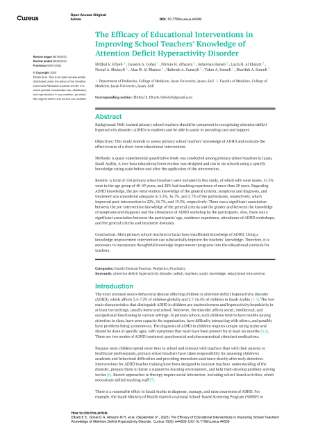 The Efficacy of Educational Interventions in Improving School Teachers’ Knowledge of Attention Deficit Hyperactivity Disorder