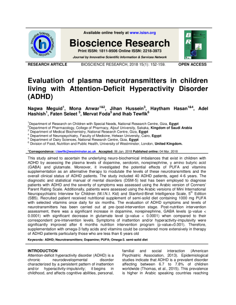 Evaluation of plasma neurotransmitters in children living with Attention-Deficit Hyperactivity Disorder (ADHD)