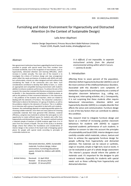 Furnishing and Indoor Environment for Hyperactivity and Distracted Attention (in the Context of Sustainable Design)