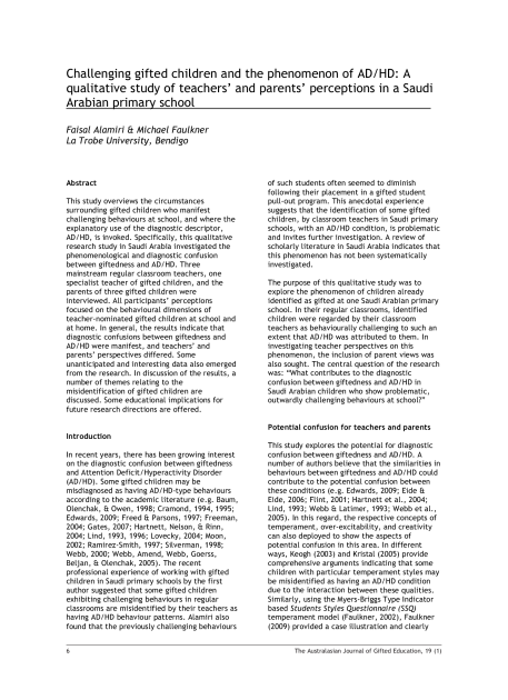 Challenging Gifted Children and the Phenomenon of AD/HD: A Qualitative Study of Teachers’ and Parents’ Perceptions in a Saudi Arabian Primary School