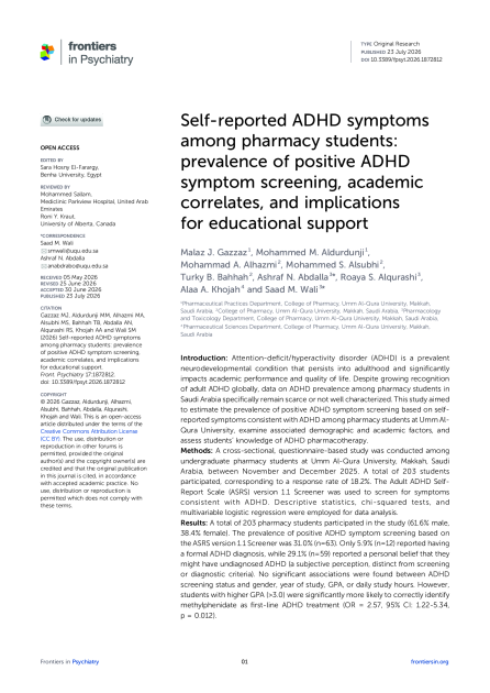 Self-reported ADHD symptoms among pharmacy students: prevalence of positive ADHD symptom screening, academic correlates, and implications for educational support