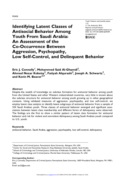 Identifying Latent Classes of Antisocial Behavior Among Youth from Saudi Arabia: An Assessment of the Co-Occurrence Between Aggression, Psychopathy, Low Self-Control, and Delinquent Behavior