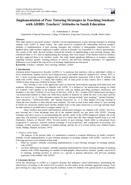 Implementation of Peer Tutoring Strategies in Teaching Students with ADHD: Teachers’ Attitudes in Saudi Education