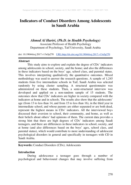 Indicators of Conduct Disorders Among Adolescents in Saudi Arabia