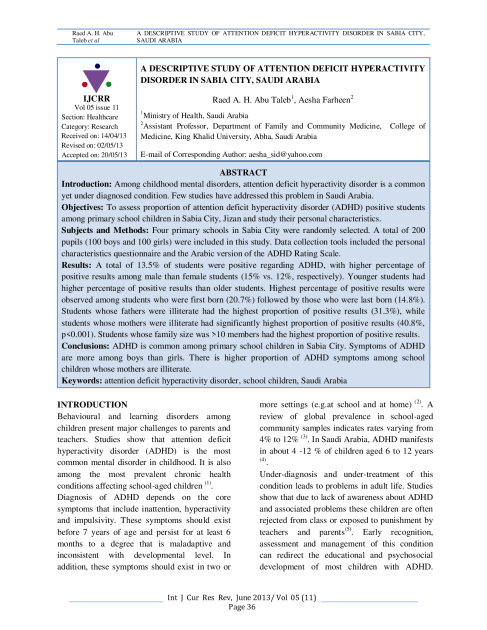 A Descriptive Study of Attention Deficit Hyperactivity Disorder in Sabia City, Saudi Arabia.