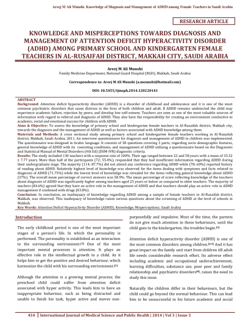 Knowledge and Misperceptions Towards Diagnosis and Management of attention deficit hyperactive disorder (ADHD) among primary school and kindergarten female teachers in Al-Rusaifah district, Makkah City, Saudi Arabia