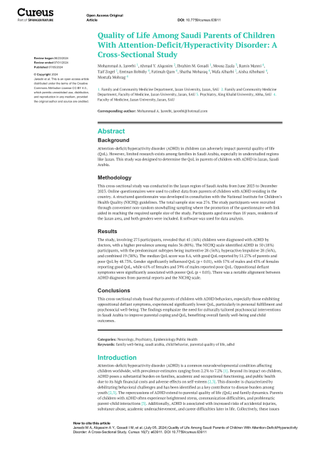 Quality of Life Among Saudi Parents of Children With Attention-Deficit/Hyperactivity Disorder: A Cross-Sectional Study