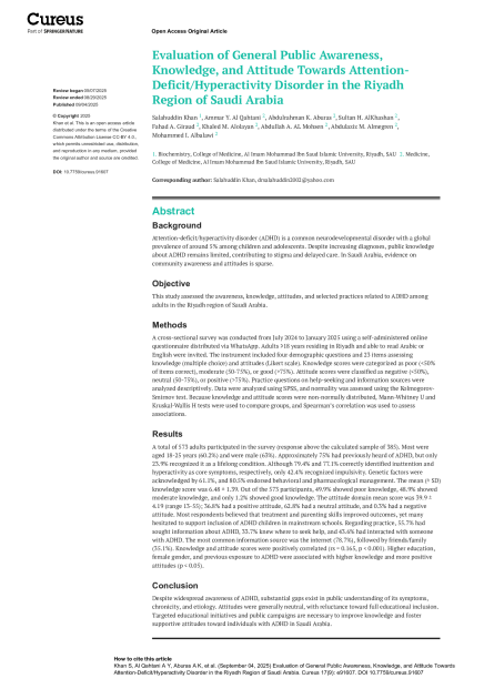 Evaluation of General Public Awareness, Knowledge, and Attitude Towards Attention-Deficit/Hyperactivity Disorder in the Riyadh Region of Saudi Arabia