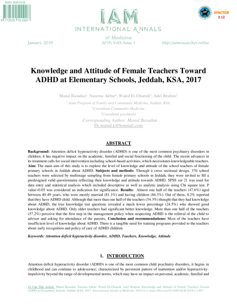 Knowledge and Attitude of Female Teachers Toward ADHD at Elementary Schools, Jeddah, KSA, 2017